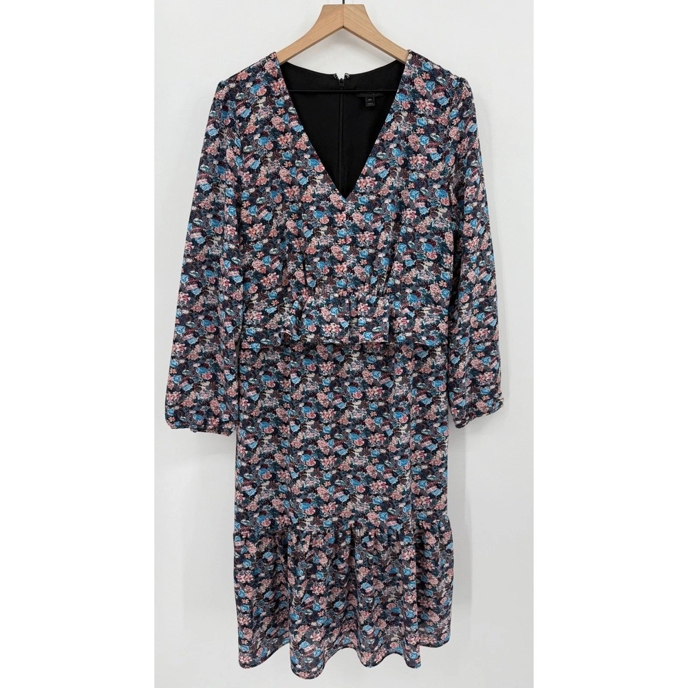 J Crew Dress 16 TALL Blue Pink Floral Ruffle Party Wedding Office‎ Vacation
